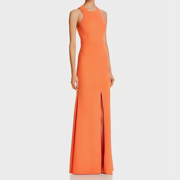 BARIANO - S Coral Front Slit Open Back Sleeveless Full Length Dress Gown - Picture 1 of 7